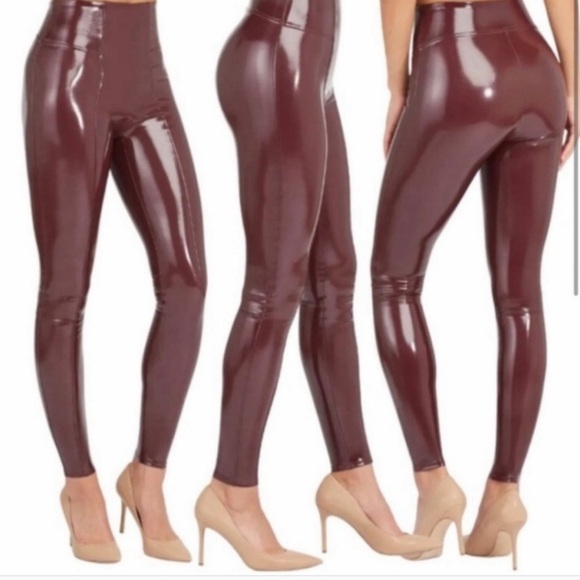 SPANX Shape Faux Leather Patent Leggings Size Medium Petite Ruby Burgundy Shiny - Picture 2 of 13